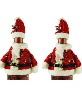 Set of 2 Ugly Santa Sweater Wine Bottle Toppers with Light String and Santa Hat